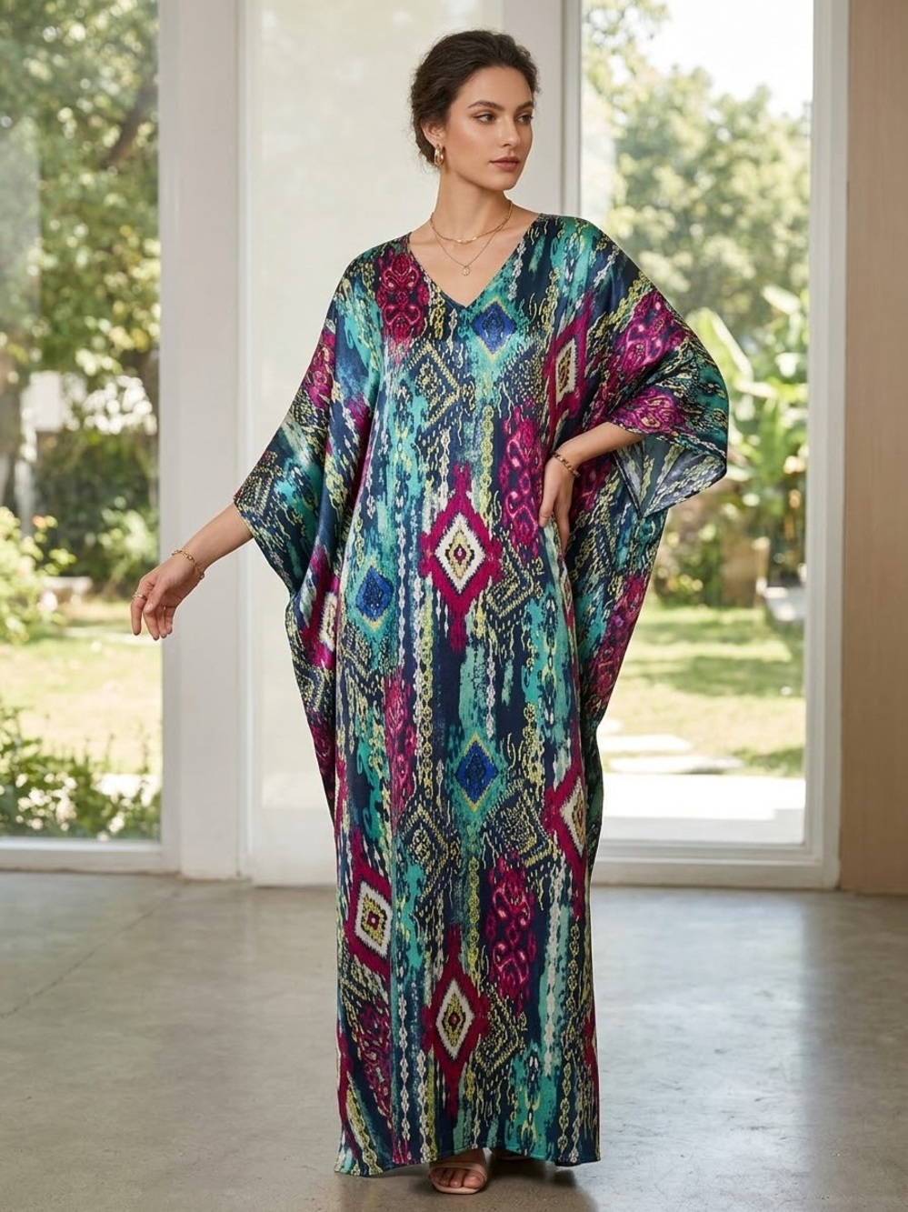 Ashro V-Neck Maxi Kaftan in Teal & Magenta Ikat Print